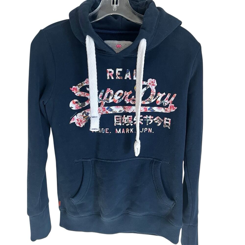Superdry Navy Floral Logo Graphic Hoodie Men's Small Pullover Sweatshirt